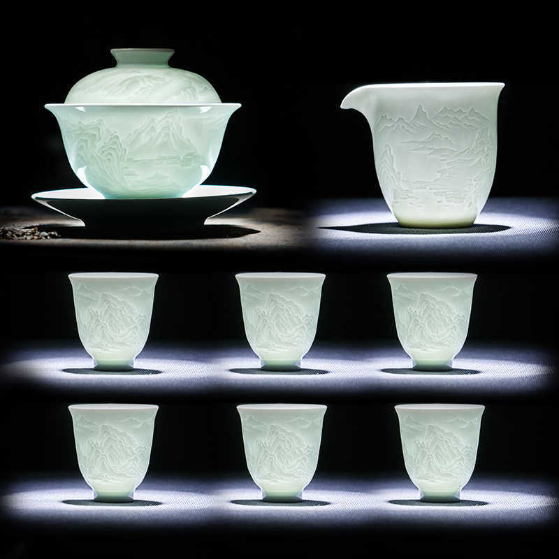 Jingdezhen Gaiwan Landscape-Painted Celadon Tea Set